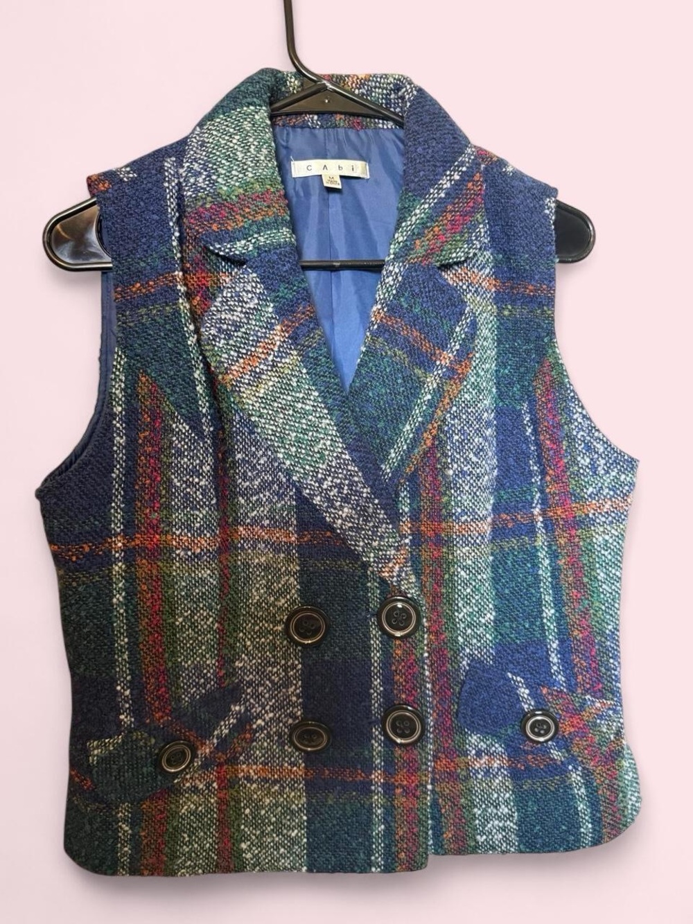 CAbi Multicolor Plaid Double-Breasted Wool Vest